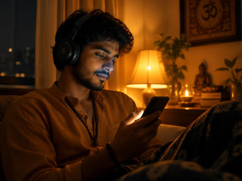 A man listening to his personalized astrology audio on his phone