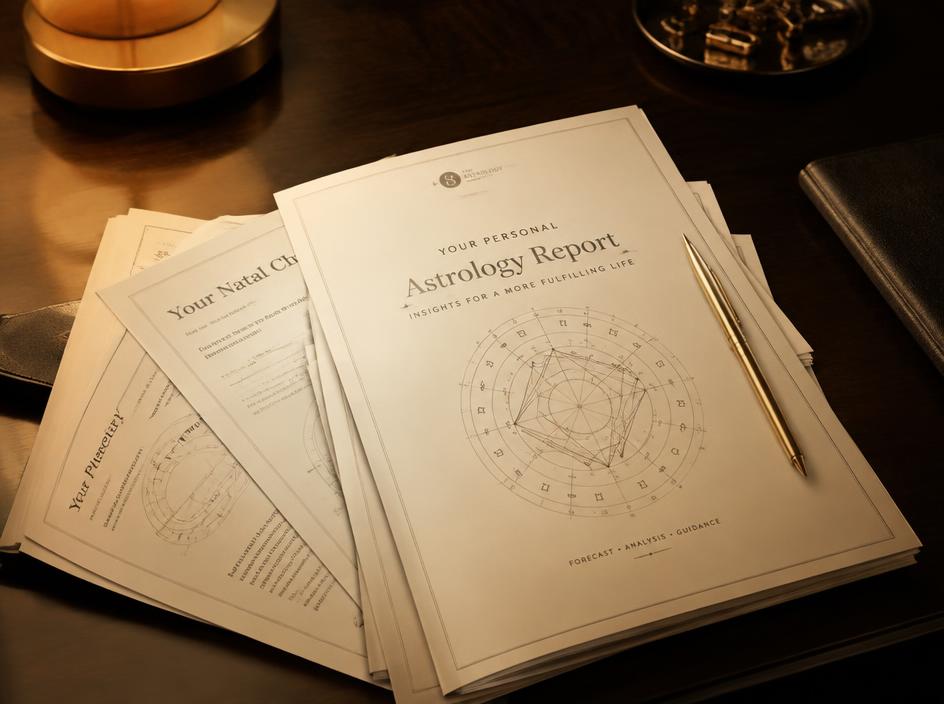 Printed personalized astrology report pages on a desk